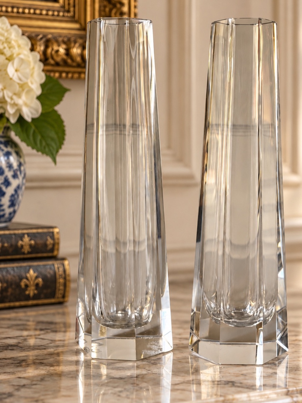 Vintage Signed Ceska Crystal Bud Vases 7.75” Matching Pair Set of 2